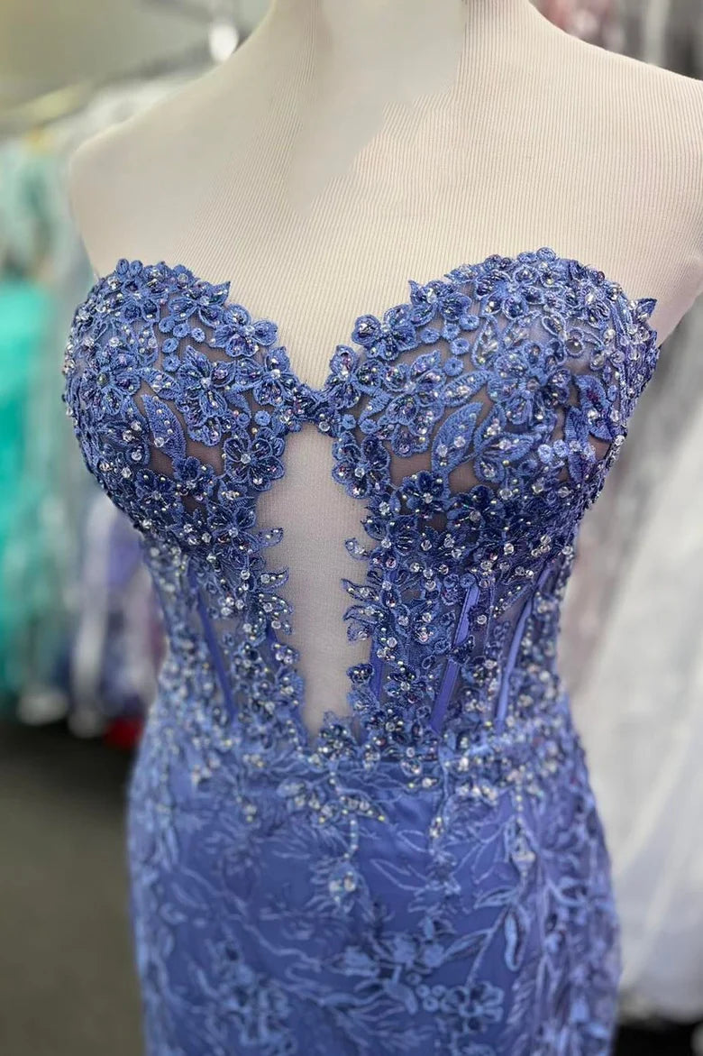 Vestidos de fiesta de tul sin tirantes, espalda descubierta, hombros descubiertos, apliques y corte en el medio